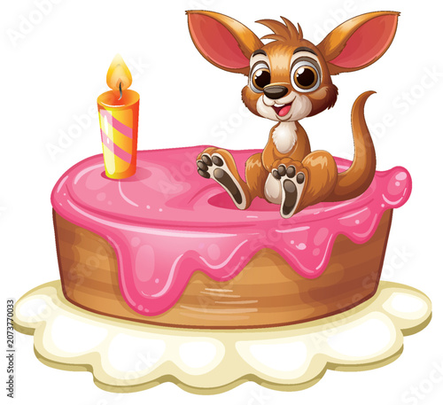 Cute Cartoon Baby Kangaroo Sitting on a Pink Birthday Cake