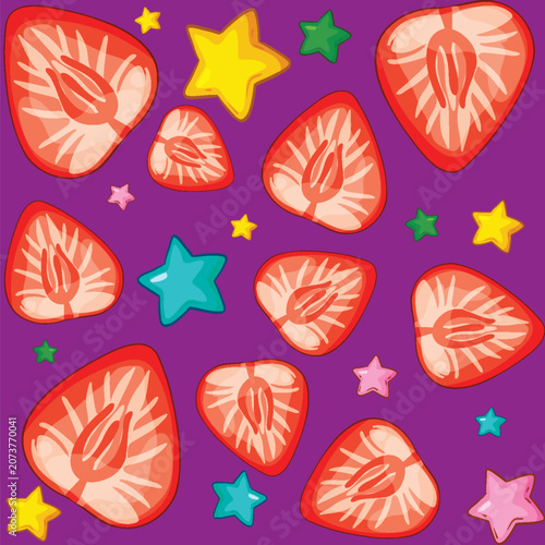 Seamless Vector Pattern of Sliced Strawberries and Colorful Stars on Purple