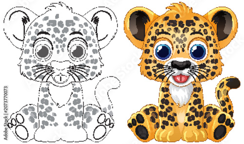 Cute Cartoon Leopard Cub Vector Illustration with Coloring Page Version