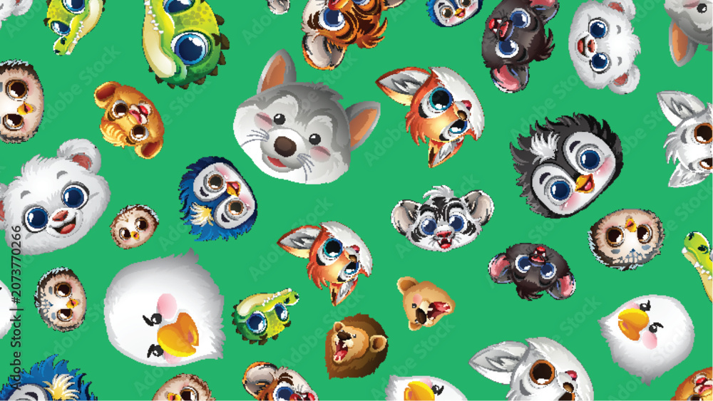 Fototapeta premium Seamless Pattern of Cute Cartoon Wildlife Animal Faces on Green Background