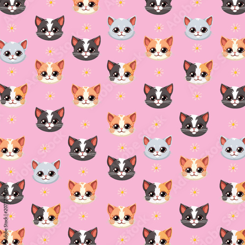 Seamless Vector Pattern with Cute Cartoon Cat Faces and Flowers