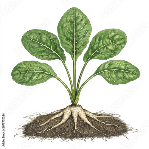 Detailed Botanical Illustration of a Young Plant with Green Leaves and Brown Roots