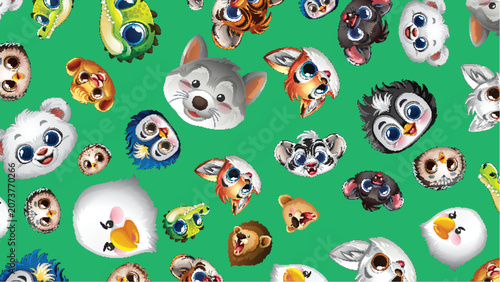 Seamless Pattern of Cute Cartoon Wildlife Animal Faces on Green Background