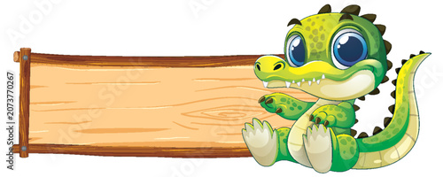 Cute Cartoon Baby Crocodile Sitting Next to Blank Wooden Sign