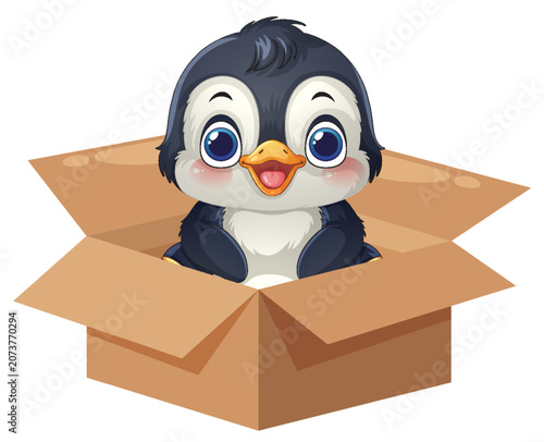 Cute Cartoon Penguin Sitting Inside an Open Cardboard Box