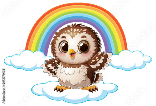 Cute Cartoon Baby Owl Standing on Clouds with a Rainbow Background