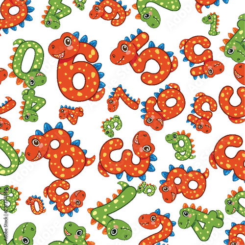Seamless Pattern of Cartoon Dinosaur Characters Shaped Like Numbers