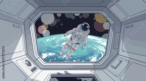 Fotografie Astronaut Floating Outside Space Station Window View of Earth and Planets, Cosmi