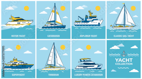 Photos Flat Design Vector Yacht Collection Featuring Motor Yacht, Catamaran, Explorer,