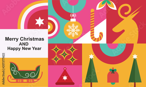 Happy Holidays Greeting mosaic greeting card flat design template with holiday ornaments, deer and trees, geometric shapes and simple icons
