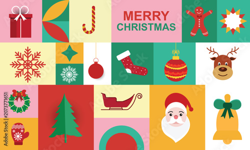 Happy Holidays Greeting mosaic greeting card flat design template with holiday ornaments, deer and trees, geometric shapes and simple icons
