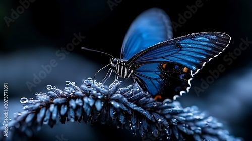 Close up of a vibrant blue butterfly resting on a dew-covered plant in the dark