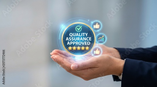 Hands Holding Quality Assurance Approved Virtual Display with Five Stars and Thumbs Up Icons