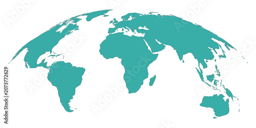 Curved World Map Silhouette featuring a blue half globe, major continents, global business, international travel, and modern vector infographic design.