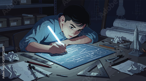 Foto Young Male Engineer Designing Rocket Blueprint with Glowing Pen in Workshop, Inn