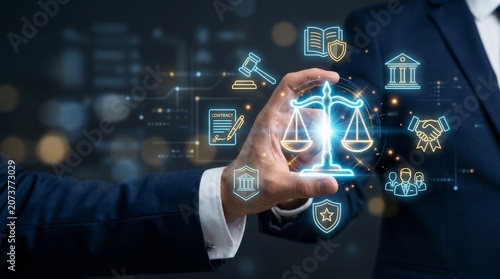 Professional Hand Presenting Digital Law and Justice Concept with Glowing Icons