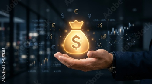 Hand Holding Glowing Money Bag Symbolizing Financial Growth and Digital Investment
