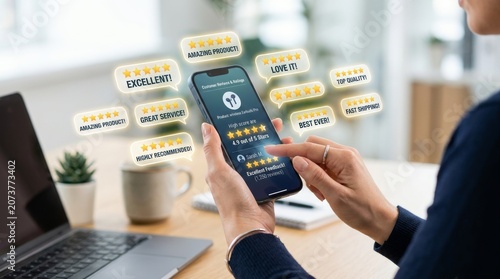 Customer Reading Excellent Online Product Reviews and Five-Star Ratings on Smartphone