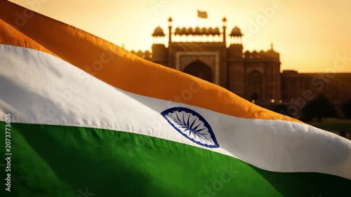 Indian National Flag Overlaid with the Silhouette of Red Fort. 4K Video