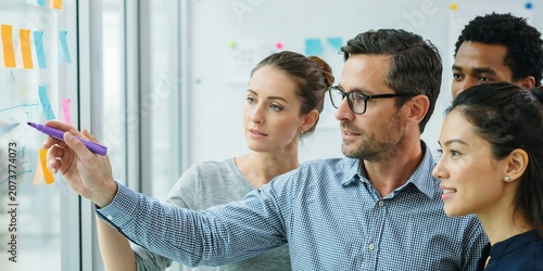 Business team brainstorming with sticky notes in modern office
