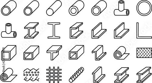 Industrial Metal Profiles and Structural Steel Line Icon Collection with I-Beams, Plumbing Pipes, T-Joint Fittings, Rebar Rods, Metal Mesh, and Diamond Plate Patterns