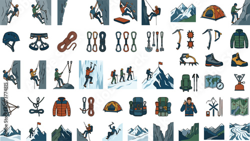 Tableau sur toile Mountain Climbing, Rock Alpinism, and Hiking Gear Vector Illustration Set Featur