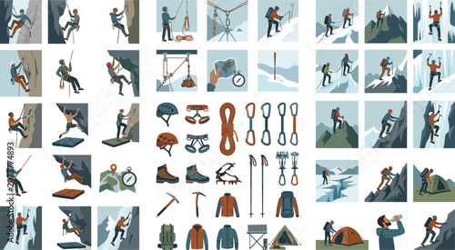 Tableau sur toile Mountain Climbing, Rock Alpinism, and Winter Mountaineering Gear Vector Illustra