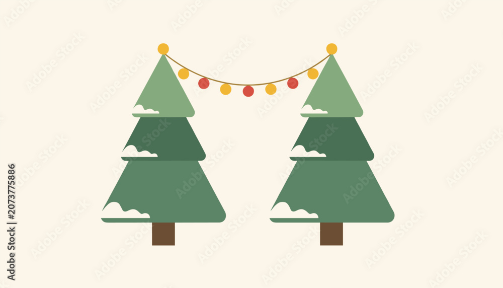 Fototapeta premium Minimalist winter illustration of two decorated green pine trees connected by a colorful string of christmas light garland.
