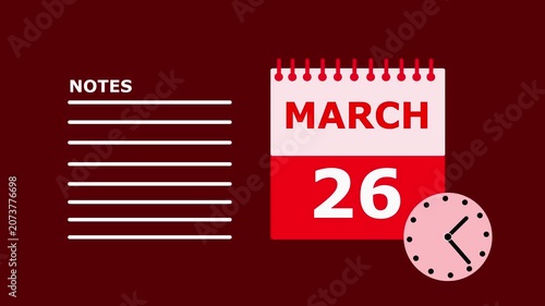 Calendar Page March 26 Red Background Notes Space for Planning and Organization date.
