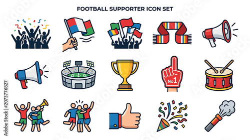 A vibrant collection of football supporter icons showcasing various enthusiastic fans celebrating with flags, megaphones, and trophies in a lively sports event.