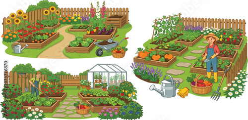 Backyard vegetable garden illustrations set with raised beds people gardening greenhouse and flowers