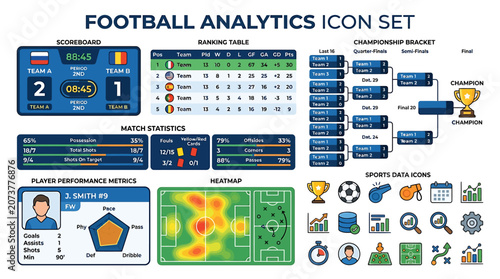 Football analytics icon set with various charts and graphs