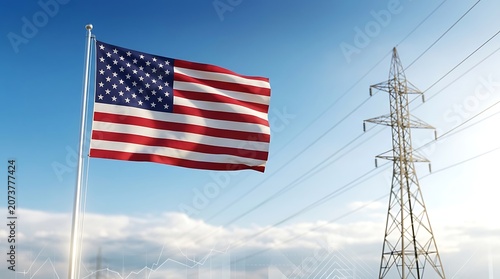 American Flag Waving Near Power Lines Against Blue Sky with Clouds