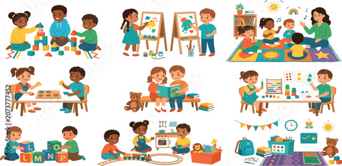 Kindergarten classroom scene vector illustrations set with kids reading painting playing blocks music