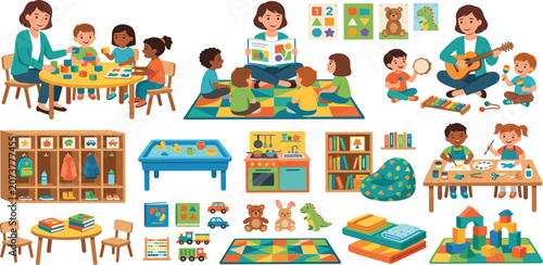 Foto Kindergarten preschool and daycare vector illustrations set with children playin