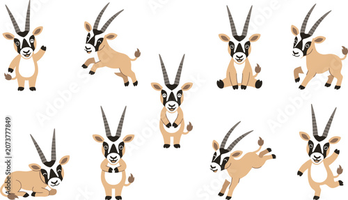 Tableau sur toile Cute Cartoon Oryx Antelope Character Mascot Set with Jumping, Sitting, Running,
