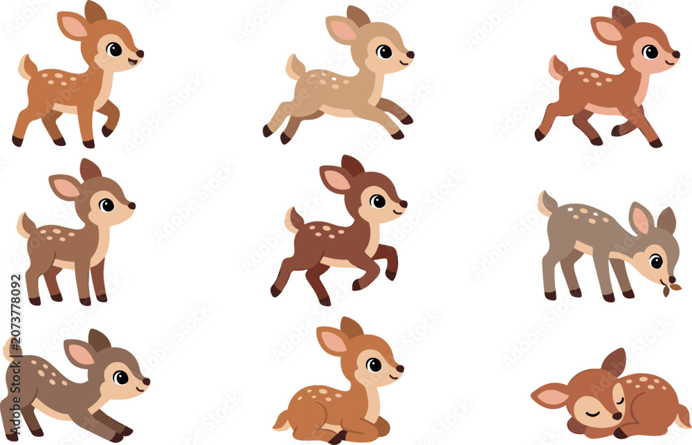 Fototapeta premium Adorable Woodland Fawn Character Asset Collection with Running, Sleeping, and Grazing Poses for Children Storybook and Nursery Wall Art Vector Designs