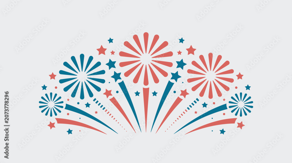 Fototapeta premium Fireworks display bursts with red and blue star shapes against a simple light background.