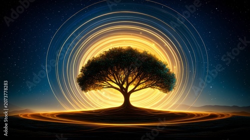 Luminous Golden Aura Tree at Night