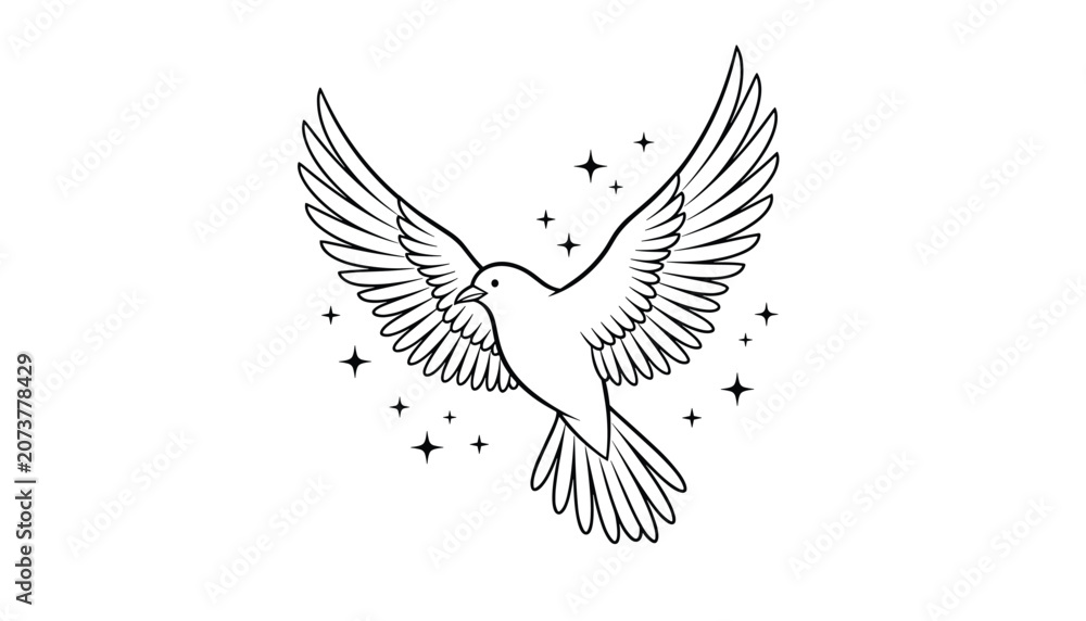 Obraz premium Beautiful black and white line art illustration of a flying peace dove surrounded by sparkling stars and magic.