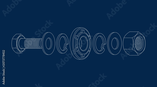 Blueprint wireframe of exploded bolt nut and bearing assembly on blue background. EPS Editable. Vector Illustrations.