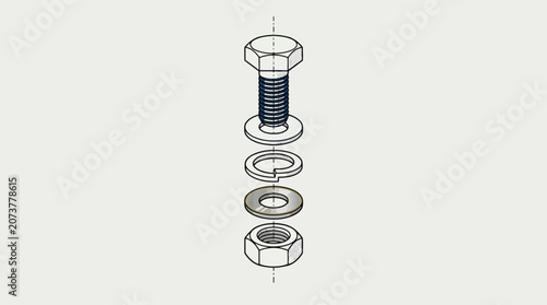 Exploded technical diagram of a bolt nut and washer assembly. EPS Editable. Vector Illustrations.