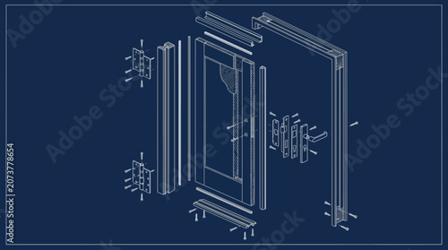 Exploded view blueprint diagram of a door assembly with frame and hardware. EPS Editable. Vector Illustrations.