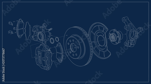 Exploded view blueprint of a car disc brake assembly system. EPS Editable. Vector Illustrations.
