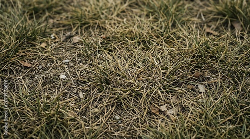 Close up of Dry Grass Field with Scattered Pebbles in Natural Light