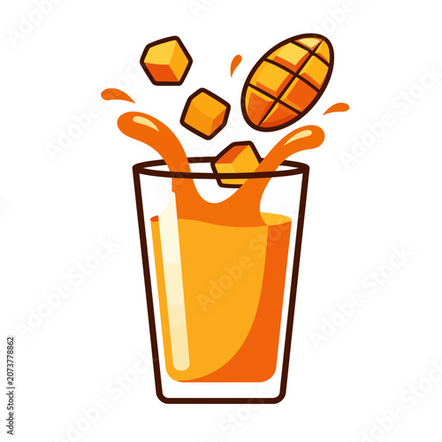 Flat illustration of mango juice in a glass with splash