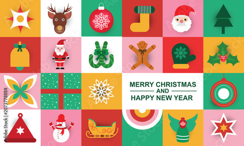 Christmas colorful greeting card of geometric shapes and New Year's elements