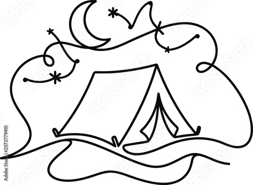 Minimalist continuous line drawing of a camping tent under a crescent moon and stars.