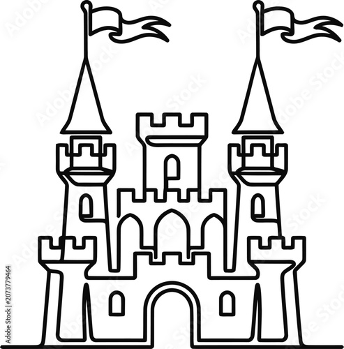 Minimalist continuous line drawing of a medieval castle with two tall towers and flags.