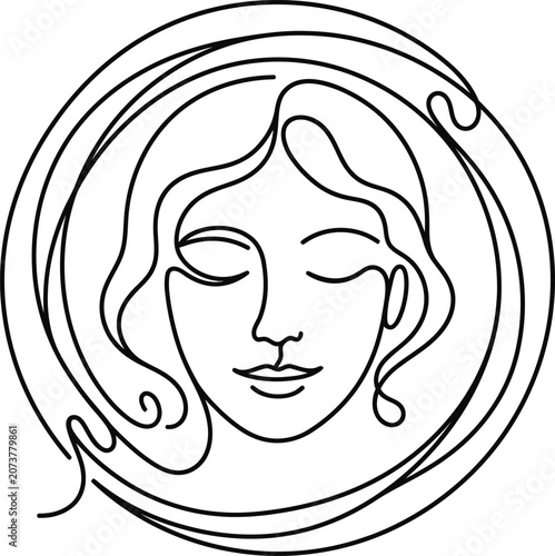 Minimalist one line art portrait of a woman face in a circle.